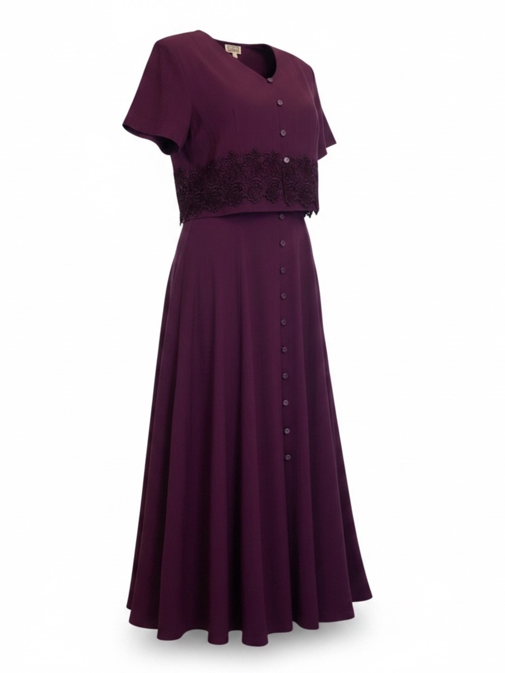 Elegant Vintage Button-Front Two-Piece Maxi Dress in Deep Plum